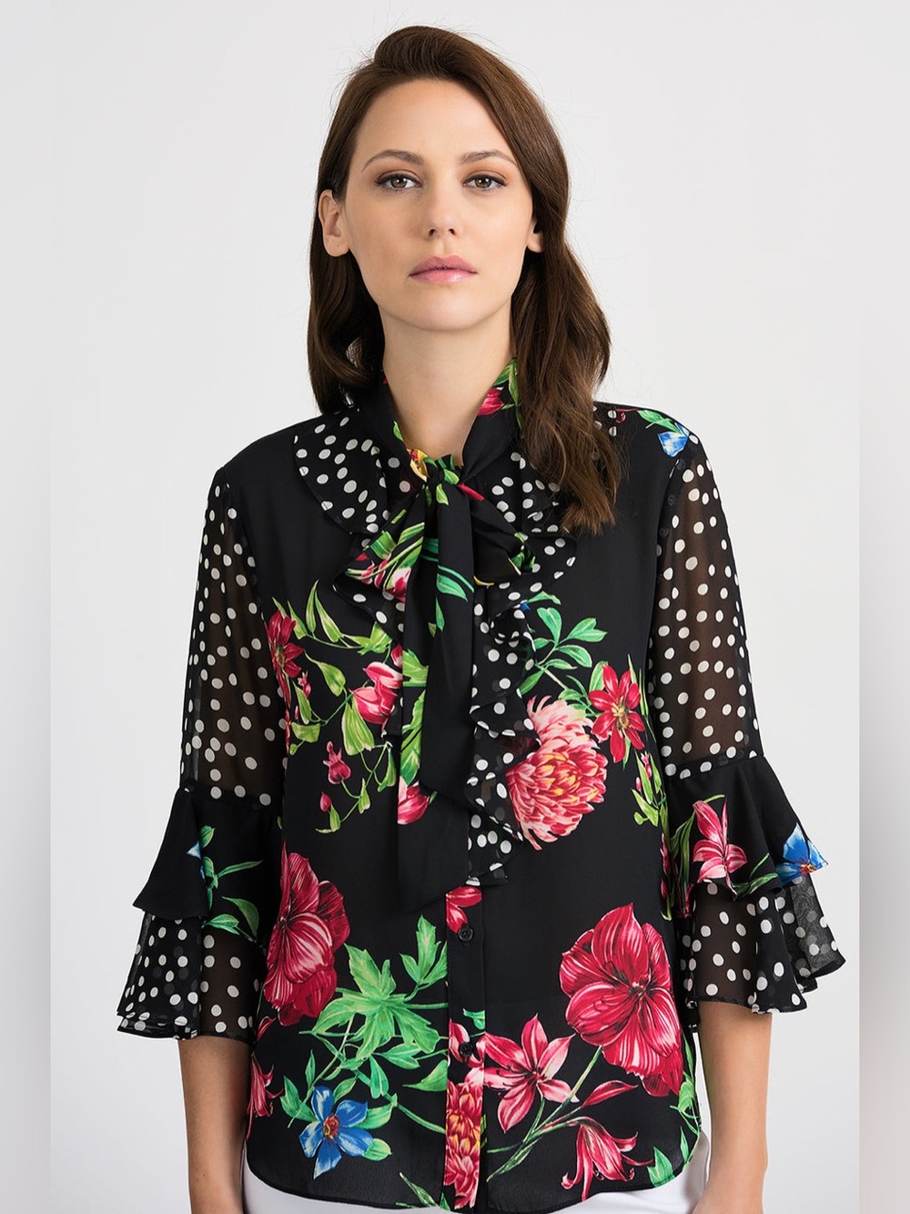 Joseph Ribkoff Black Floral Tie-Neck Ruffle Blouse